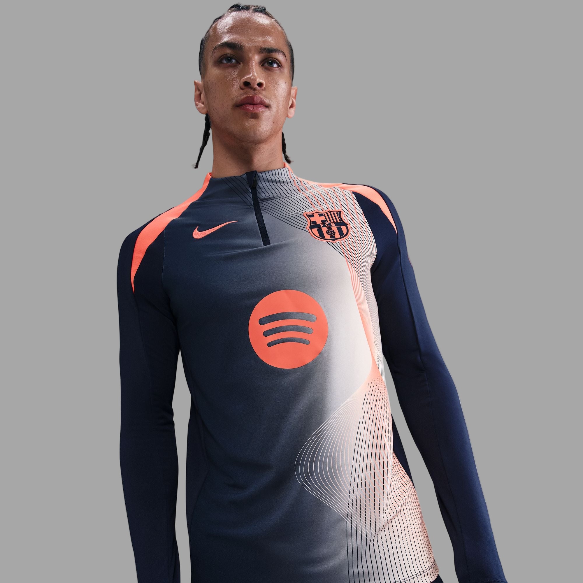 FC Barcelona Strike Third Straight Nike Dri-FIT Total 90 Soccer Pre-Match Drill Top