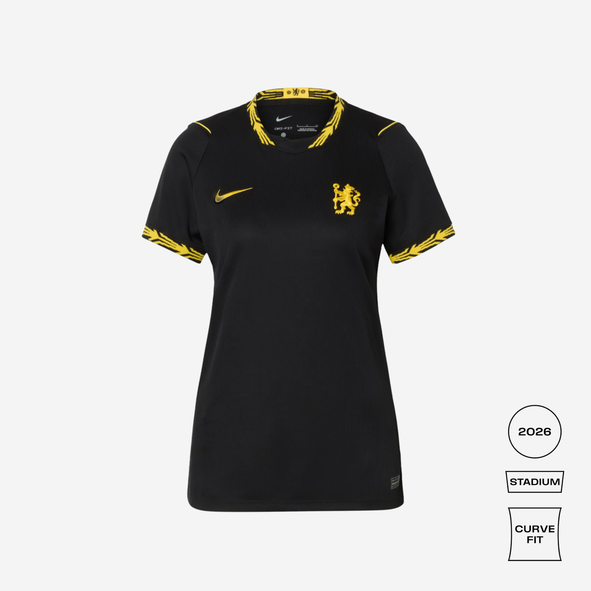 A black Nike Chelsea FC home soccer jersey with yellow trim on the collar and sleeve cuffs, featuring the yellow club crest on the chest. The image is set against a light gray background with three informational badges on the bottom right indicating '2026', 'STADIUM', and 'CURVE FIT'.