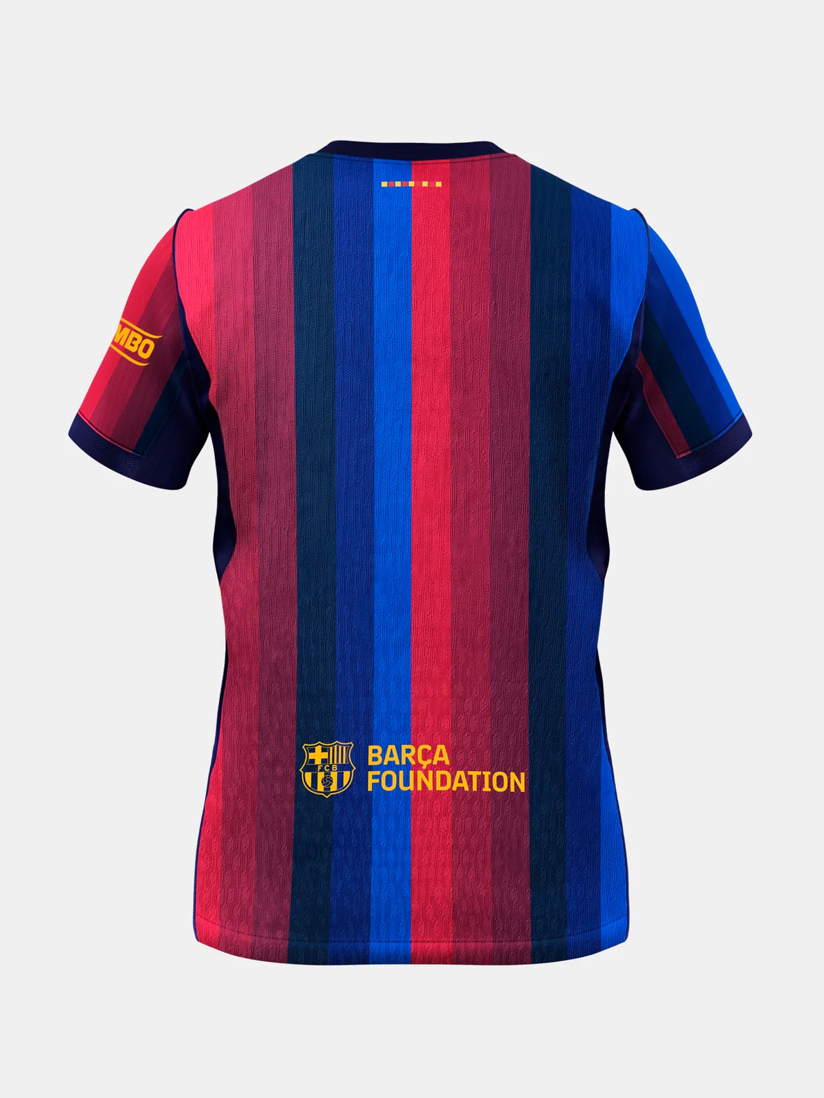 FC Barcelona home soccer jersey with vertical red and blue stripes, featuring the yellow 'BARCA FOUNDATION' text and club crest on the front, displayed on a light gray background.