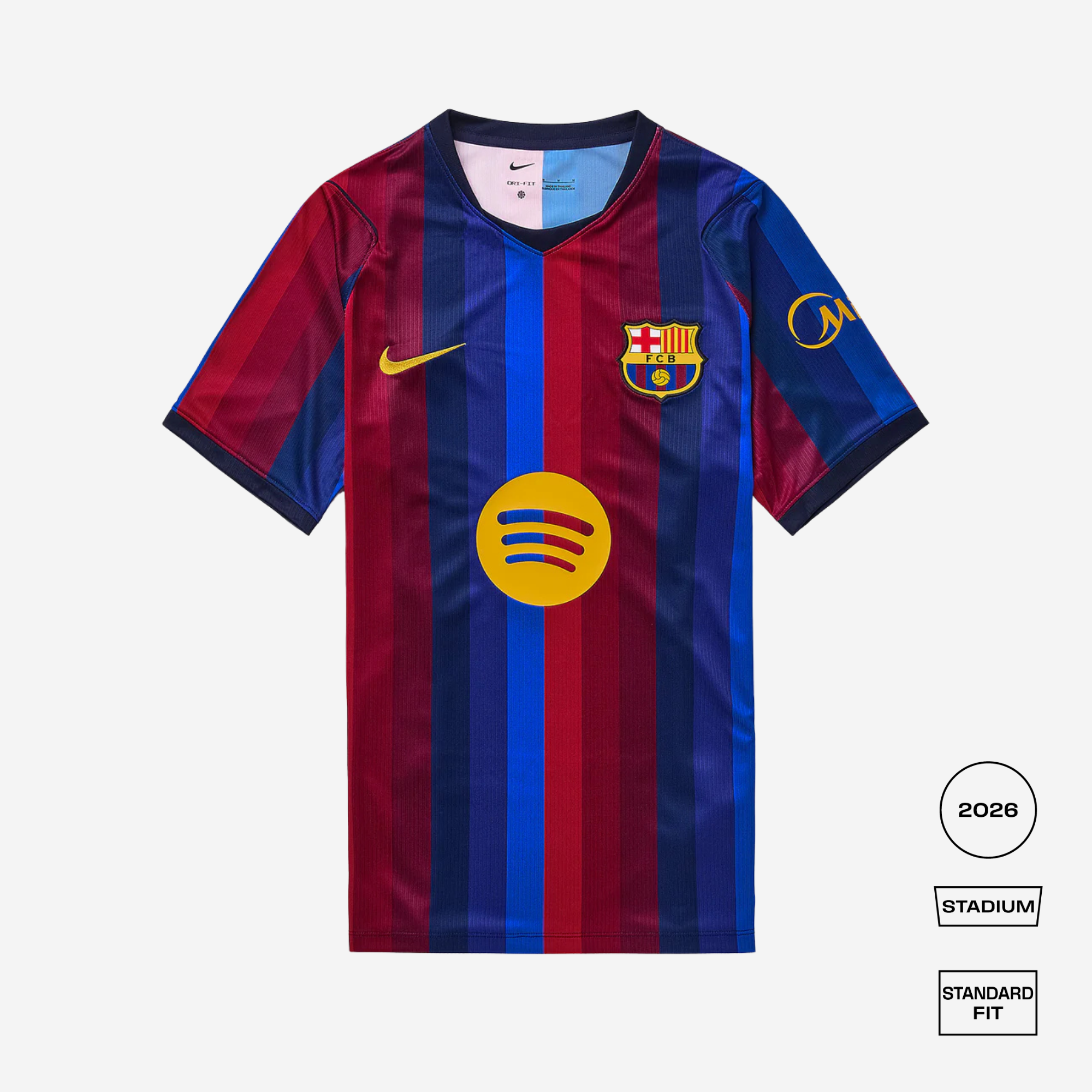 A Nike FC Barcelona home soccer jersey with 2026 Stadium standard fit, featuring vertical blue and red stripes, a yellow Nike swoosh, and a yellow Spotify sponsor logo on the front.