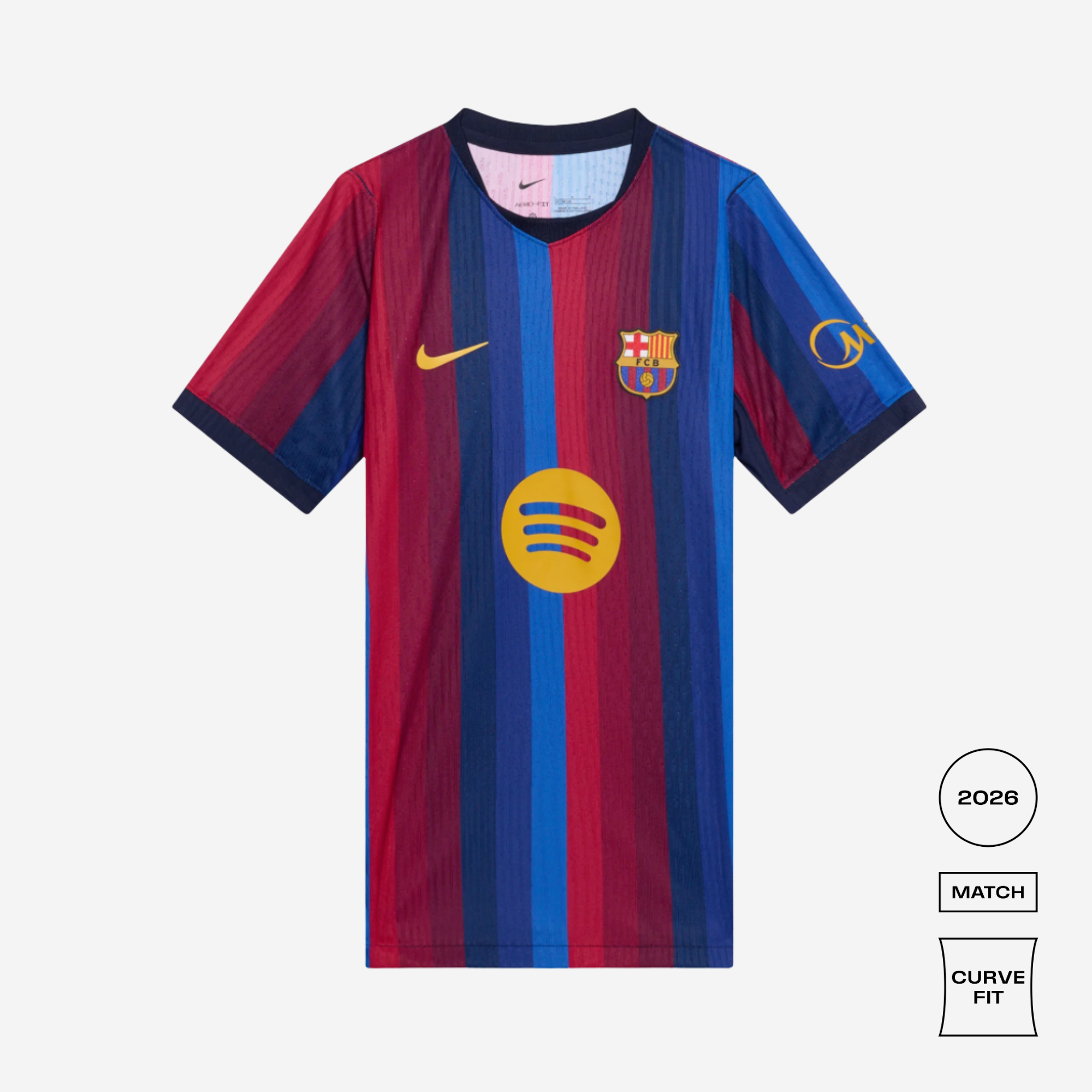 A Nike FC Barcelona home soccer jersey in a 2026 curve-fit match fit, featuring vertical red and blue stripes with a yellow Spotify sponsor logo on the front, a yellow Nike swoosh, and the FC Barcelona crest.