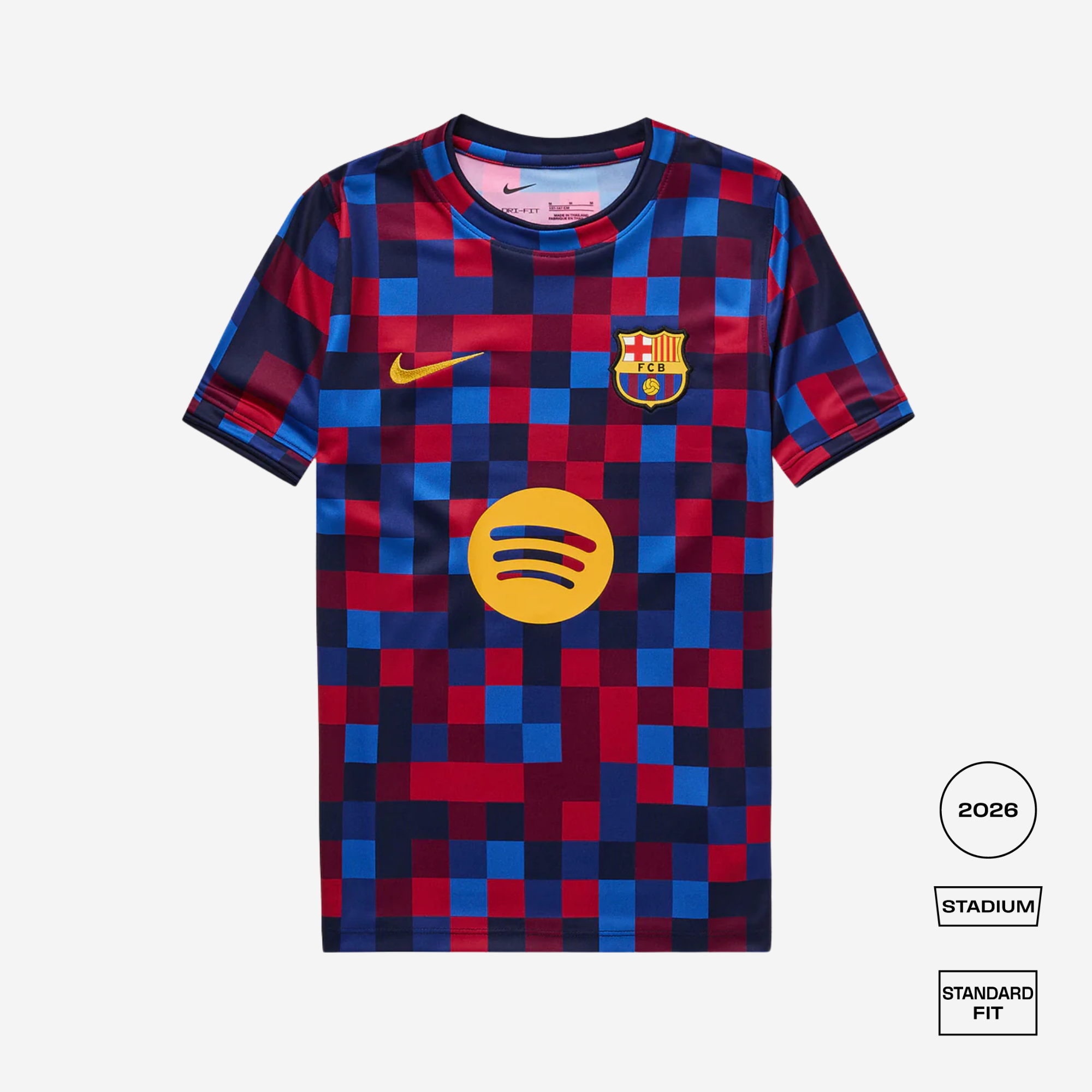 A Nike FC Barcelona home soccer jersey in a 2026 Stadium standard fit, featuring a red and blue checkered pattern, a yellow Nike swoosh, and a yellow Spotify sponsor logo on the front.