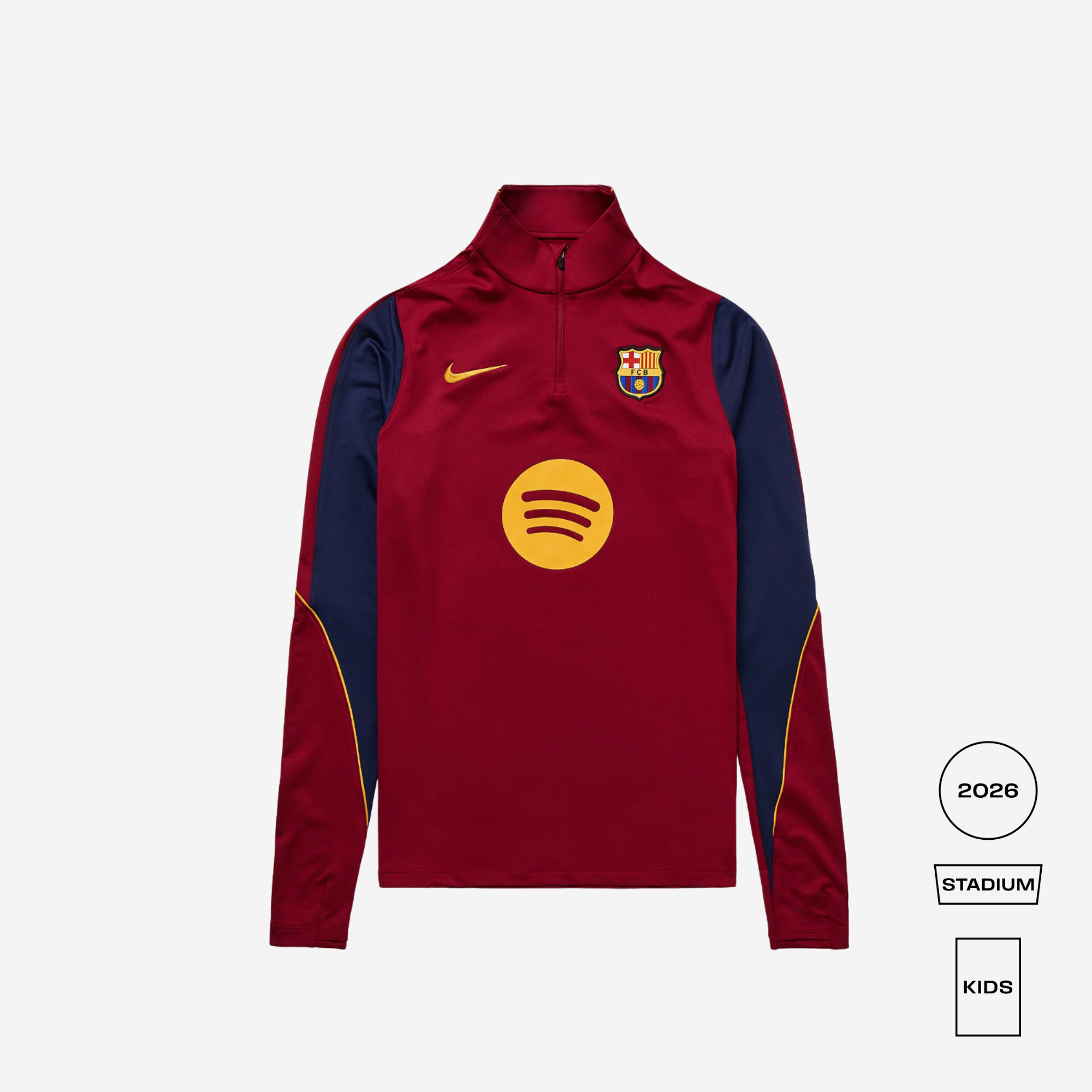 A kids' FC Barcelona half-zip training jacket in red and navy blue, featuring a yellow Spotify sponsor logo on the chest, a Nike swoosh, and the FC Barcelona crest. The image is set against a light gray background with product variant badges on the bottom right.
