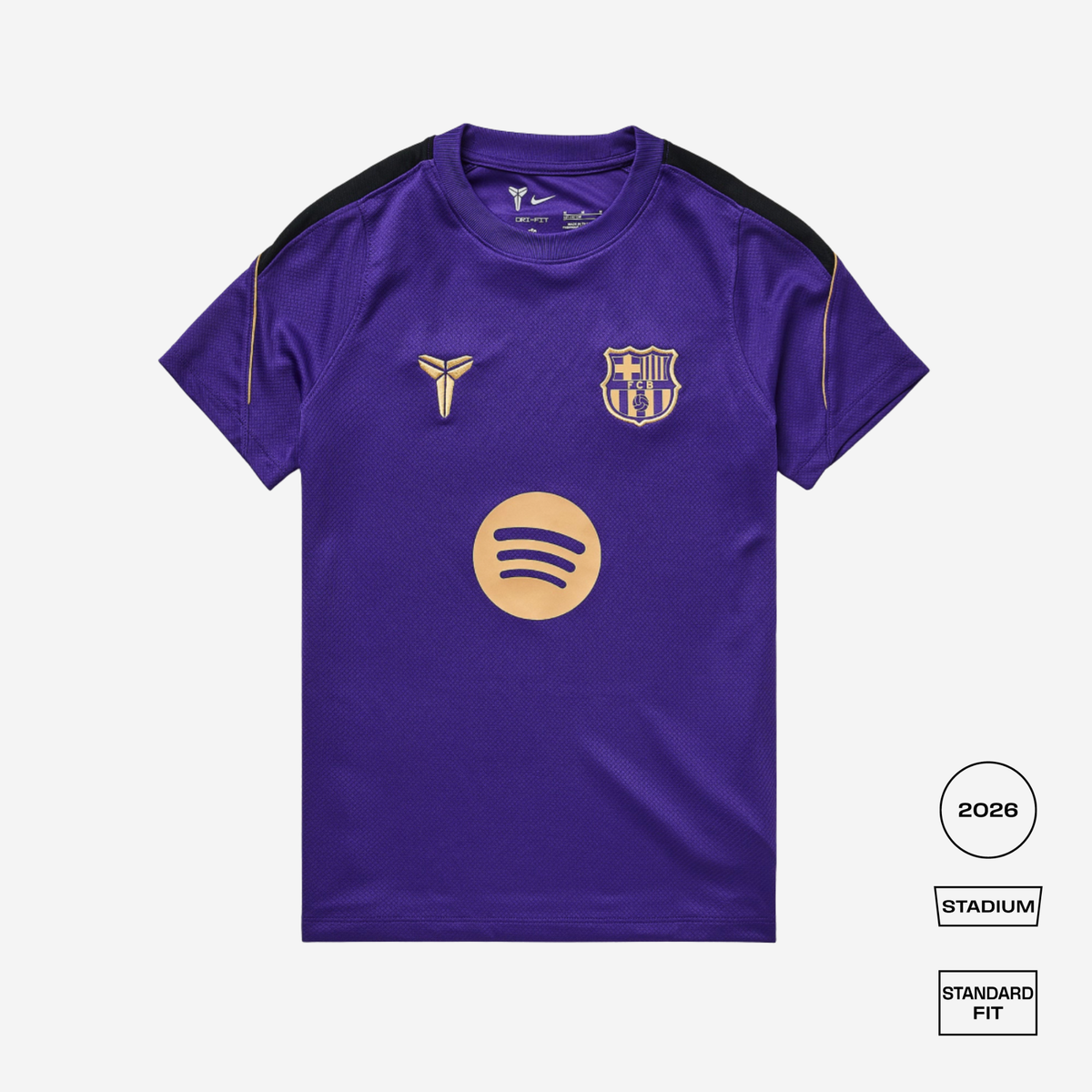A purple short-sleeve FC Barcelona athletic jersey with gold and black details, featuring the club crest, a gold sponsor logo, and a gold Nike logo. The image is set against a light gray background with fit and model information badges on the bottom right.