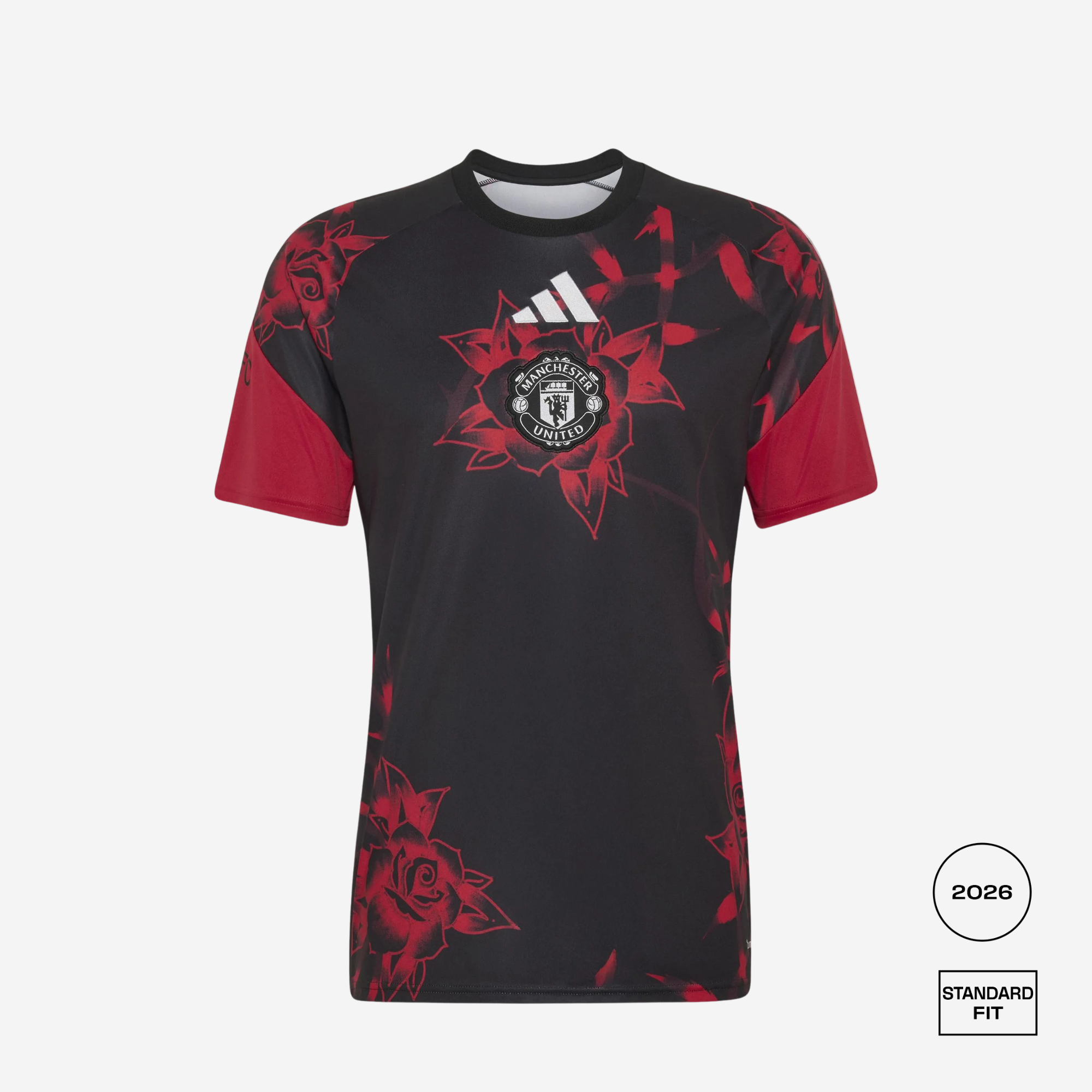 Black and red sports jersey with Adidas logo and Manchester United emblem on a white background