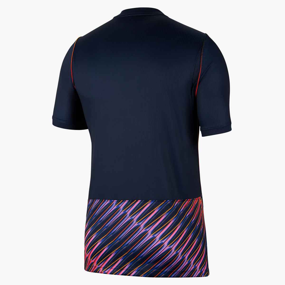 Black t-shirt with colorful pattern on the bottom on a white background
