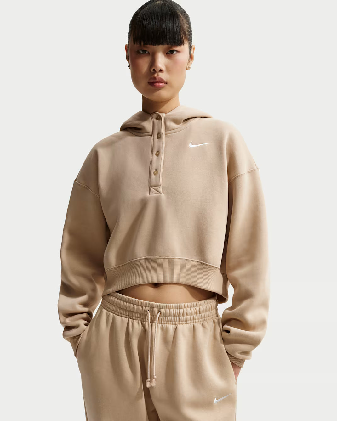 Womens Sportswear Phoenix Fleece Oversized Cropped Henley Hoodie - Brown