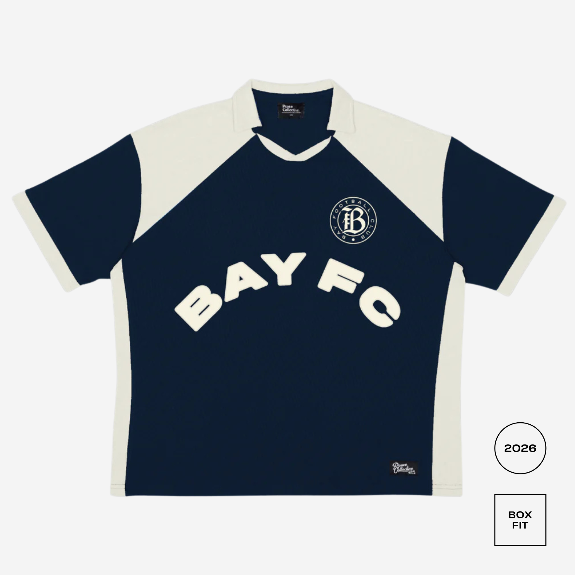 Navy and white sports jersey with 'BAY FC' text and logo on a white background