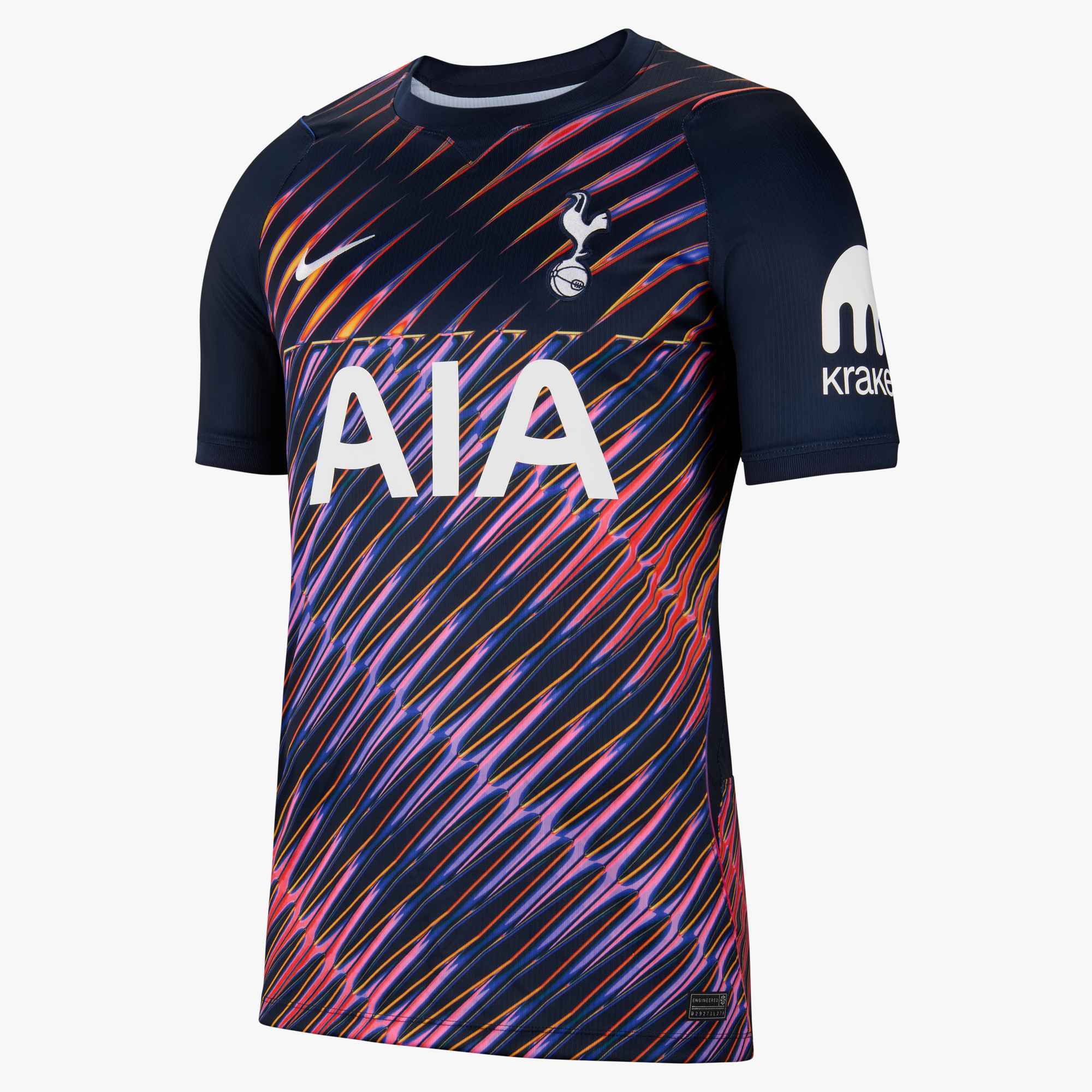 Soccer jersey with colorful pattern and visible branding on a white background
